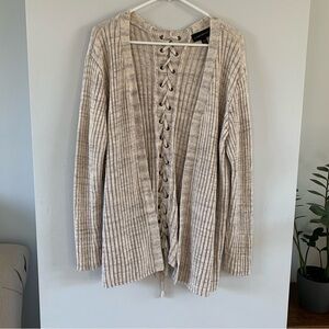 Lane Bryant Gray Cardigan Sweater Lace Up Back Open Front Ribbed Knit Size 18 20